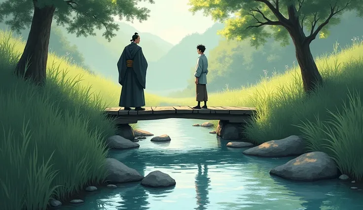 flowing stream with clear water moves over rocks, winding its way through the landscape. Master Koji and Hiro stand on a small bridge, observing the water.
Create a scene of a Zen master and a young man standing on a small wooden bridge, observing a gently...