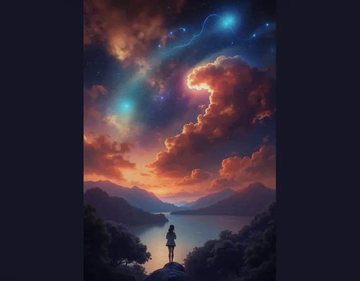 (((The night sky should be filled with shining constellations, Create darkness、Mysterious atmosphere, Starry sky)))，Couple&#39;s head one left and one right，night，Starry Sky，Brilliant starlight，Female figure in a picturesque garden，Male figure in cozy priv...