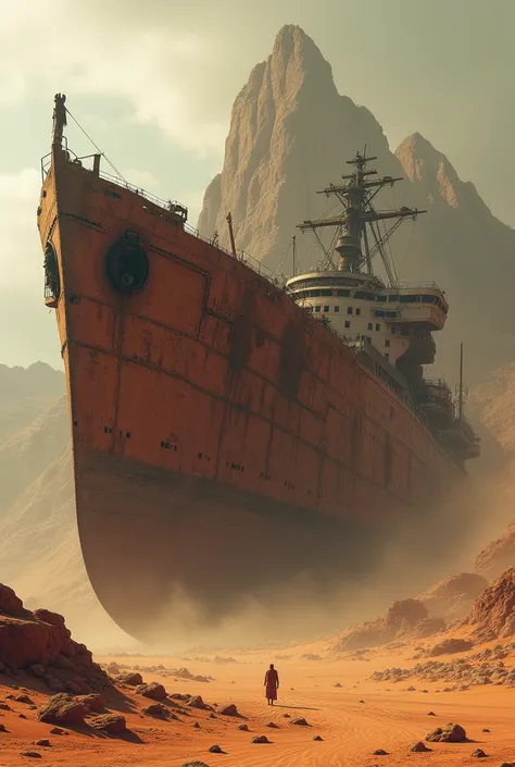 A big giant ship in a desert sand area  with covered with rust and broken  with big mountain with rust and fog