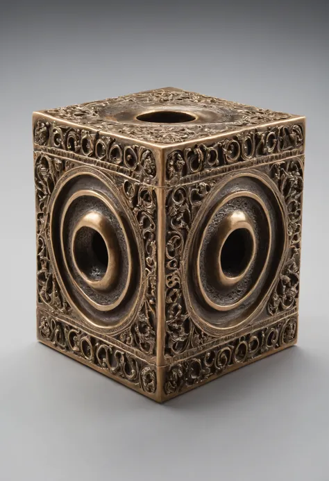 An ornate three-dimensional bronze cube with a deep hole in one of its faces