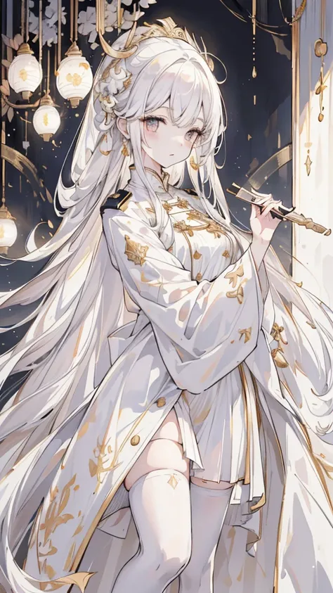 (best quality, High resolution, Super detailed:1.2), beautiful long white hair, Stunning golden eyes, Beautifully designed white folding fan, Bailongjiao, elegant lights, pastel color palette，White military uniform and gold trench coat，white stockings