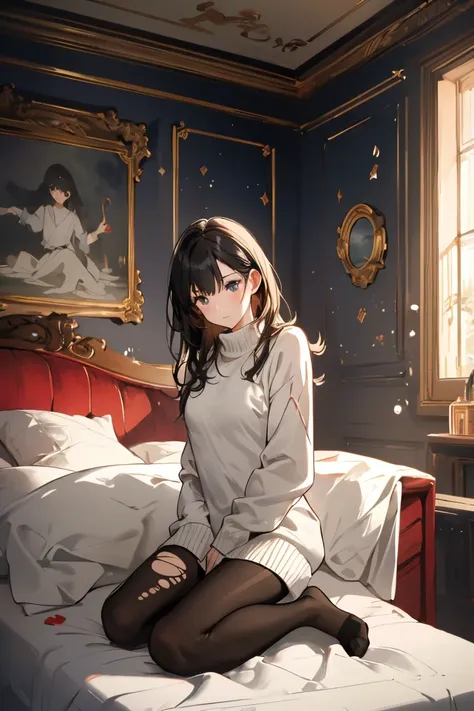 masterpiece, best quality, Practical, 8k, official art, Movie Lighting, Ultra-high resolution, 1 Girl, White sweater dress, torn pantyhose, sitting, on the bed, bedroom, Sunlight, Looking at the audience, 