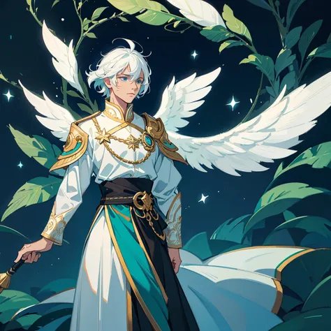 male deity with black skin and white hair, medium hair, short bangs. bright sky blue eyes. green branches with elongated leaves....