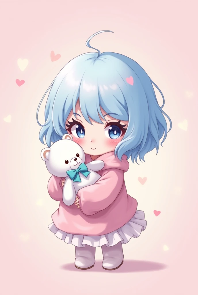 Make a cute chibi girl with baggy clothes and a cute pastel pink sweater and a light pastel pink skirt with eyes, For the face I want blue and white skin with short white hair and eyelashes as white as the hair, holding a white teddy bear with a blue ribbo...