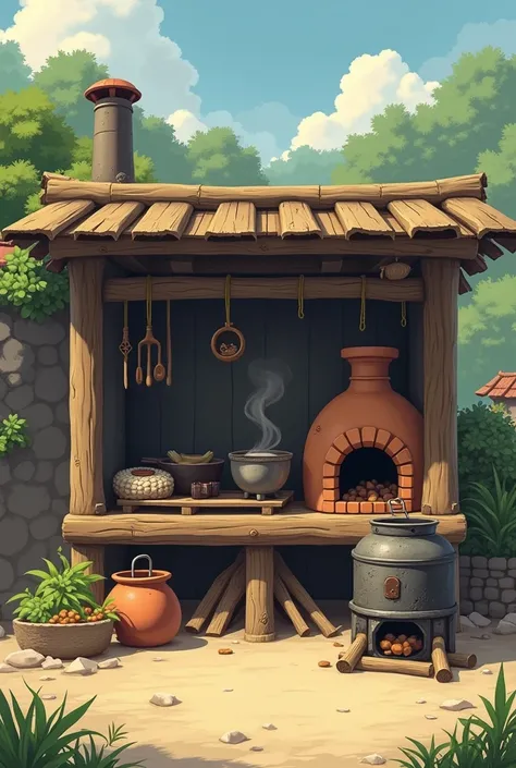 A very simple outdoor abuhan with a small clay oven, grill, wood fueled stove on the side with a chimney 





