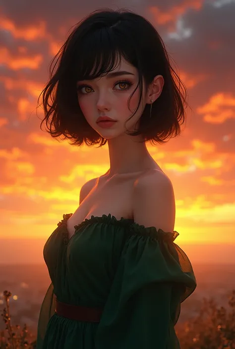 Breathtaking  sunset background, female ,short black hair ,brown eyes ,dark green dress