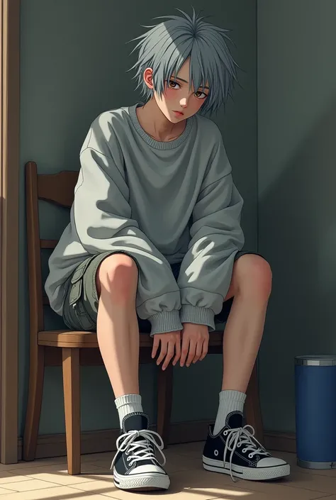 Japanese teenage boy wearing an oversized grey sweater. The sleevers hide his hands. He is wearing a cargo short and black converse. The boy have short grey messy hair. He have pale orange eyes. Hes sitting on a chair in a room