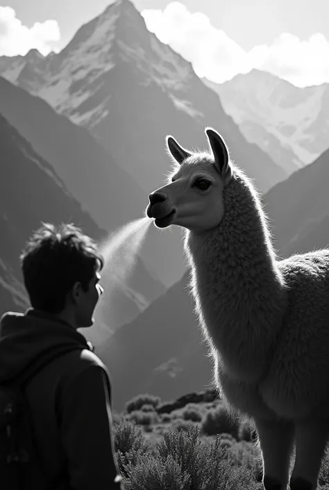 (photorealism:1.2), the andes mountain range in black and white , chiaroscuro , a llama spits on a tourist