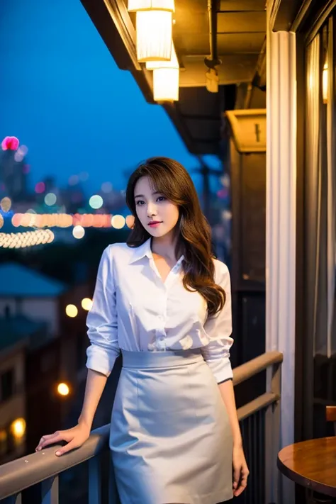 A beautiful girl is posing on the balcony of a vintage coffee shop, nighttime, night city light in the background, a gorgeous girl, a Korean supermodel, a Chinese supermodel, professional light, wearing an office dress, white shirt, blue skirt, A high reso...