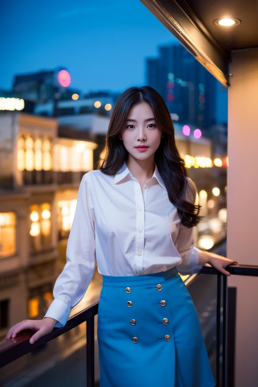 A beautiful girl is posing on the balcony of a vintage coffee shop, nighttime, night city light in the background, a gorgeous girl, a Korean supermodel, a Chinese supermodel, professional light, wearing an office dress, white shirt, blue skirt, A high reso...