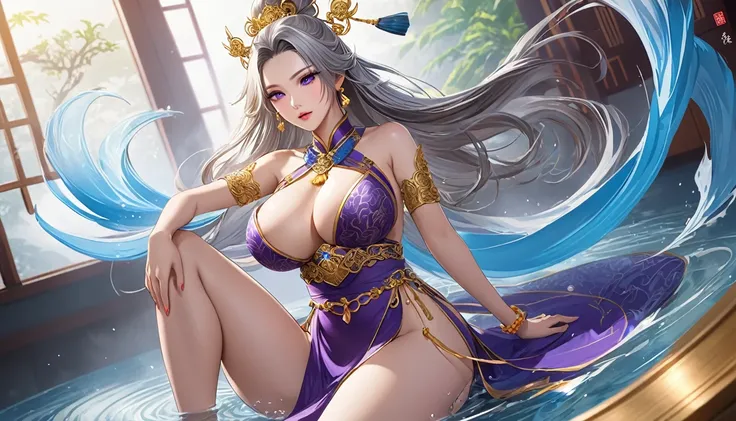 high quality,HD,16K,Sharp Line,1 Girl,fantasy, （Fire Spirits）,Pretty Face, Large Breasts, Beautiful legs,In the water,Focus Girl,detailed Pretty Face,Detailed clothes,beautiful eyes,Cool,Sexy,Dynamic Angle,穿着华服的神明Strike a pose拍照, Ancient mysterious sexy go...