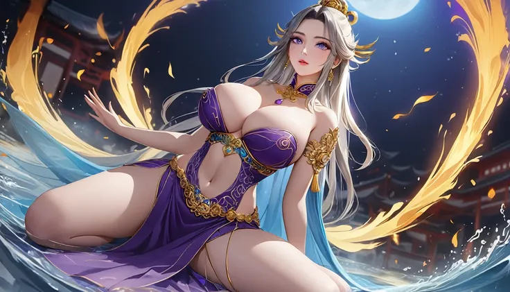 high quality,HD,16K,Sharp Line,1 Girl,fantasy, （Fire Spirits）,Pretty Face, Large Breasts, Beautiful legs,In the water,Focus Girl,detailed Pretty Face,Detailed clothes,beautiful eyes,Cool,Sexy,Dynamic Angle,穿着华服的神明Strike a pose拍照, Ancient mysterious sexy go...