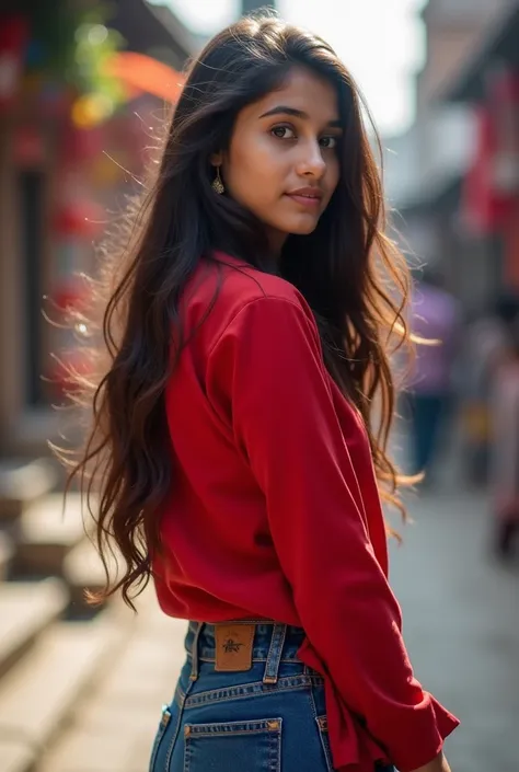 Back side of 20 years nepali girl putting red kurtha with blue jeans in kathmandu city real person photo height 5.5 weight 40 with realistic free hair previous photo beautiful face white skin face realistic turn head and showing face change back ground int...