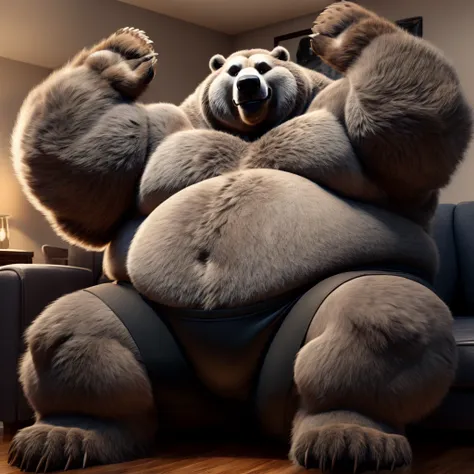 fat huge 450 pounds daddy furry grey beast grizzly bear big belly, and large chunky body and wearing black shorts, sitting on th...