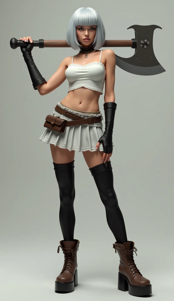 Super realistic, Cinema 4D rendering, High Detail Face, Clean and delicate face, wide shot, 1 lady, whole body, Holding a long Battle Axe with both hands, grip the Battle Axe anatomically correctly, Silver bob hair, blunt bangs, wearing a white tube top an...