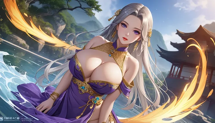 high quality,HD,16K,Sharp Line,1 Girl,fantasy, （Fire Spirits）,Pretty Face, Large Breasts, Beautiful legs,In the water,Focus Girl,detailed Pretty Face,Detailed clothes,beautiful eyes,Cool,Sexy,Dynamic Angle,穿着华服的神明Strike a pose拍照, Ancient mysterious sexy go...