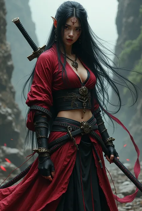 Elden ring, dark fantasy, asian warrior, single katana, armor, woman, black hair, serpent theme outfit, blasphemy, cursed face, dark red colors outfit