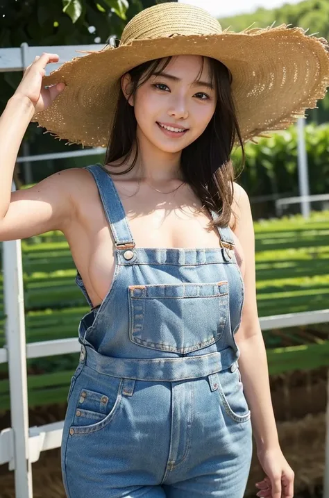 masterpiece, Highest quality, Very detailed, sexly, On the Farm,Wearing a big straw hat、Naked and in overalls,Japanese women、Baby Face、round face、light makeup、Sweaty、(Please show me your whole body),((Raise dairy cows)),((Sweaty)),smile,(((Please do farm w...