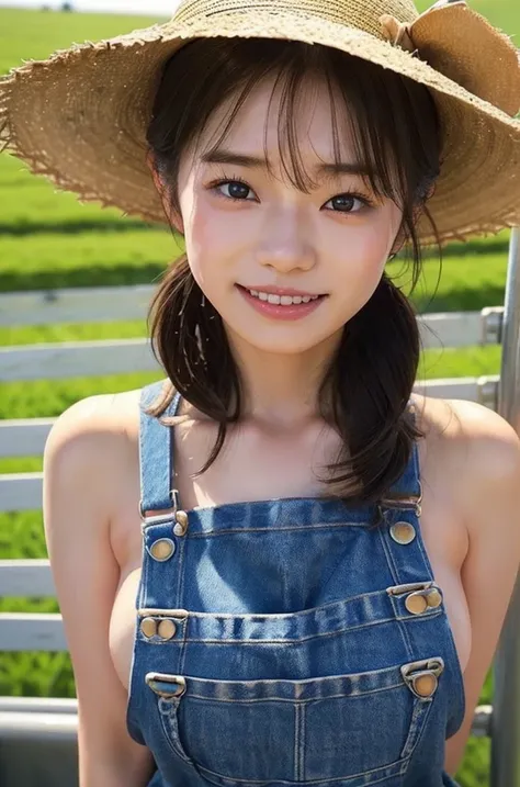 masterpiece, Highest quality, Very detailed, sexly, On the Farm,Wearing a big straw hat、Naked and in overalls,Japanese women、Baby Face、round face、light makeup、Sweaty、(Please show me your whole body),((Raise dairy cows)),((Sweaty)),smile,(((Please do farm w...