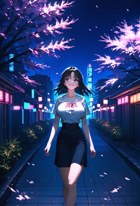 masterpiece, high quality, 16k resolution, detailed, beautiful anime girl, (large breasts), slender waist, pale skin, black hair, fine hair, simple clothing, white T-shirt, no accessories, (looking away:1.4), (walking in neon-lit night city), spring season...