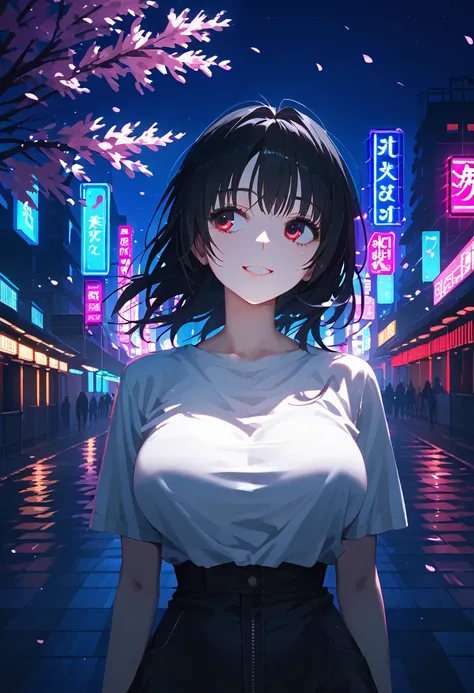 masterpiece, high quality, 16k resolution, detailed, beautiful anime girl, (large breasts), slender waist, pale skin, black hair, fine hair, simple clothing, white T-shirt, no accessories, (looking away:1.4), (walking in neon-lit night city), spring season...