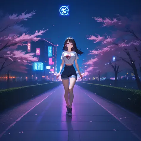 masterpiece, high quality, 16k resolution, detailed, beautiful anime girl, large breasts, slender waist, pale skin, black hair, fine hair, simple clothing, white T-shirt, no accessories, (looking away:1.4), (walking in neon-lit night city), spring season, ...