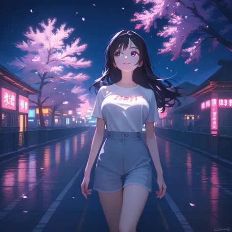 masterpiece, high quality, 16k resolution, detailed, beautiful anime girl, large breasts, slender waist, pale skin, black hair, fine hair, simple clothing, white T-shirt, no accessories, (looking away:1.4), (walking in neon-lit night city), spring season, ...