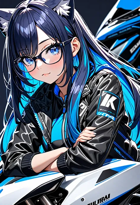 8k ultra high-quality, ultra-detailed, high quality, 2, dark blue hair, neon blue inner layer hair, long hair, cat ears, jacket,...