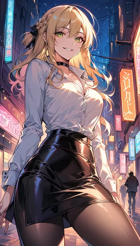 score_9, score_8_up, score_7_up, score_6_up, rating_safe, source_anime, BREAK beautiful Artoria Pendragon (blonde, braid, ribbon, hair ribbon:1.2), sexy smirk, BREAK tight leather skirt, wrap blouse, high heels, choker, BREAK walking in downtown Tokyo, neo...