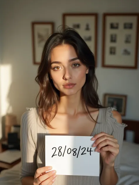 a very beautiful woman taking a selfie in her bedroom. He is holding a white piece of paper in one hand with the date "28/08/24" written on it in bold black ink and it look like real human handwritten. The woman is in a room with light-colored walls, and t...