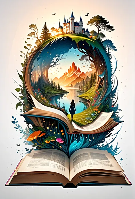 hyperreal digital art style, "fairytale", fantasy world coming out of centered book, open book, hyperdetailed double exposure fa...