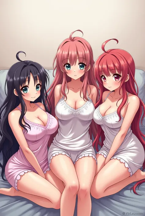 3 girls long hair and big breasts sits with her legs stretched out, tight pajamas showing off thier curve,anime art