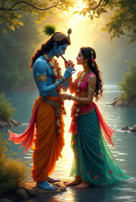 Shree krishan art with Radha Rani on a river and krishan ji has bansuri in his hands 