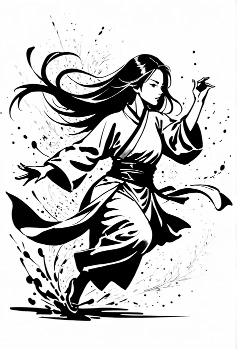 zydink, monochrome, ink sketch, asian (middle age woman), fighting stance, looking at viewer, long hair, floating hair, hanfu, c...