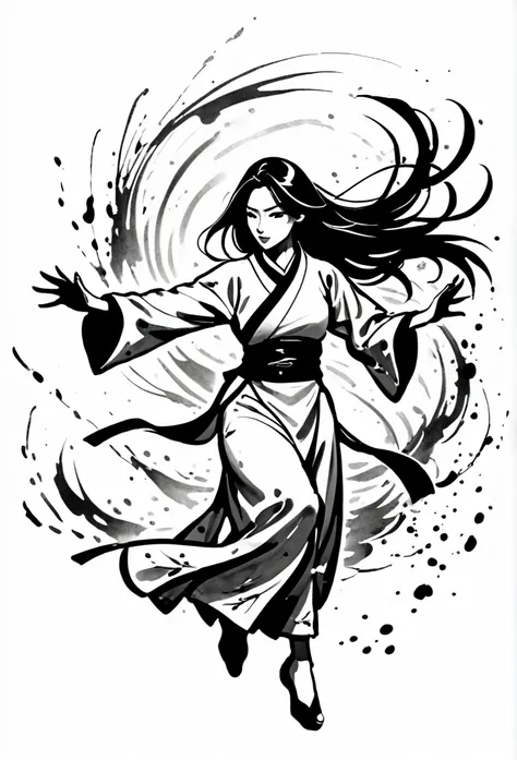 zydink, monochrome, ink sketch, asian (middle age woman), fighting stance, looking at viewer, long hair, floating hair, hanfu, c...