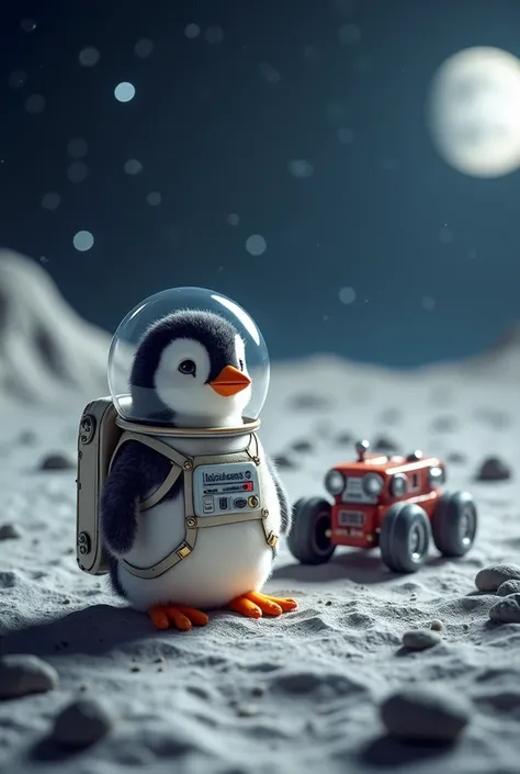 Baby Penguine with space suit next to space rover on moon