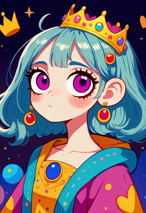 big eyes、cartoon girl with a crown on her head, rich and colorful illustration, cute cartoon, Lovely art style, rich and colorful! role conception, Hand drawn cartoon art style, Lofi art style, rich and colorfull illustration, Fantasy psychedelic anime, Re...