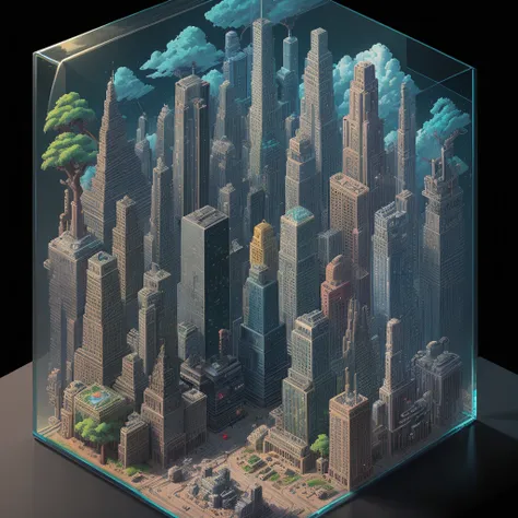 iso-pixel, trees, clouds, sci-fi city, vehicles, inside glass box