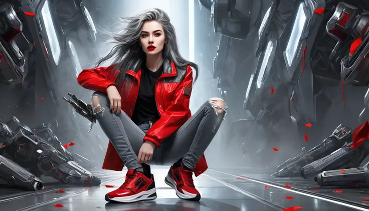 (Sci-Fi Fantasy), (masterpiece), (Professional Oil Painting) (Highest quality), (8k resolution), (1 beautiful girl), ((Pale grey skin)), (Iron grey skin), ((Jeans Clothes)),(Red jacket)), ((Black t-shirt underneath), ((Red lipstick)), ((Black sneakers)), (...