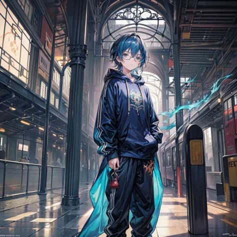 (Masterpiece), (best quality), (Highres), Detailed, (Intricate Details 1.2), (Hyper Detailed 1.4), (Ornate Digital Art 1.2), absurdres, 1boy, serious expression, empty eyes, cyan hoodie with dragon motif (cyanish:1.3), blue-rimmed glasses, standing alone, ...