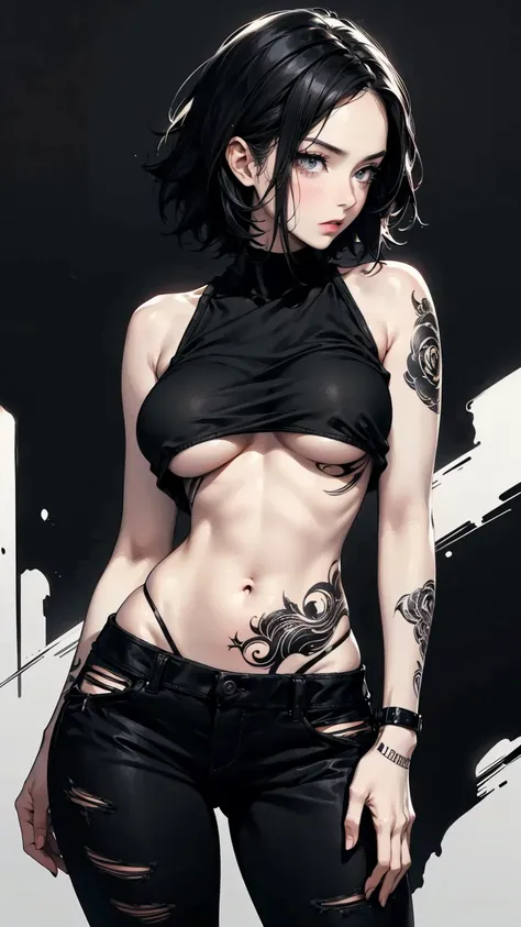 Angle from below, A woman with her hands in her pockets, Asymmetrical Short Hair, Black top and ripped skinny jeans, Perfect body, Slim waist, Big Breasts, Full body tattoos, Curvaceous, abstract design, A background of black and white smoke, Anime Style, ...