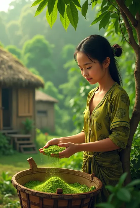 Asian malay young girl work at kratom powder green village