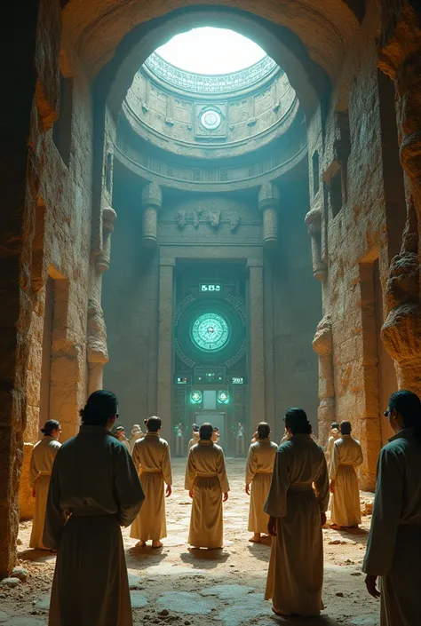 A group of archaeologists reacting in shock and awe as they discover a chamber filled with advanced technology far beyond anything from ancient Egypt.