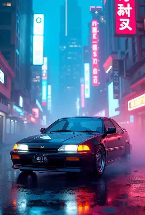 1992 honda civic eg in cyberpunk city with blue and pink neon lights and fog