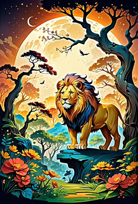 (((Masterpiece artwork))), best qualityer, illustration, beautifuldetailedglow, paper_hackear, lion, tree, ..moonligh