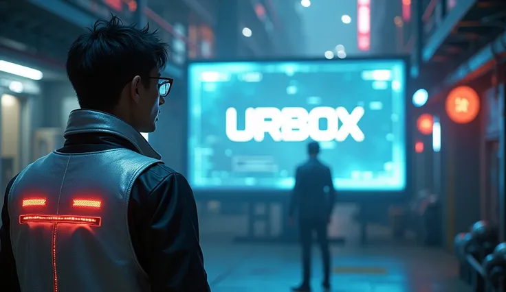 Asian male character stands in front of a large screen displaying a square logo with the words "UrBox", waiting for a sign of connection. Outfit: Silver tech vest, flashing LED lights around, wearing glasses. Setting: Narrow space, street filled with robot...