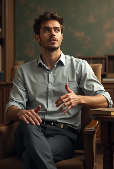 A fit man of 25 years age explaining about history by sitting on a chair with background of blur history background as a professor 