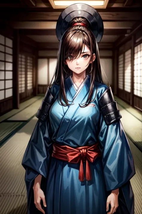 wearing armor One adult female, wearing light armor, wearing black kimono, Long Hair, brown hair, black Eyes, dilated pupils, Light makeup, tite waist, full body, hair over eye, intence anger, prepare a  sharpsword, Inside an old Japanese castle in the bac...