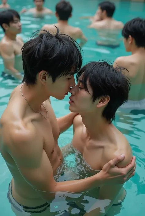 Photo Quality、A lot of cute handsome men、Mash Hair、Japanese male, 、Completely naked、Full nudity、erection、Huge penis、Highest quality、Realistic、beautiful、Playing in the school pool、Completely naked、Blowjob