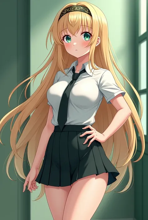  Beautiful  anime girl with long, loose blonde hair with soft waves. His eyes are emerald green without pupils. He is 1.90 m tall and has an athletic and toned build. Their skin tone is white and their face shape is oval or heart-shaped, with defined cheek...